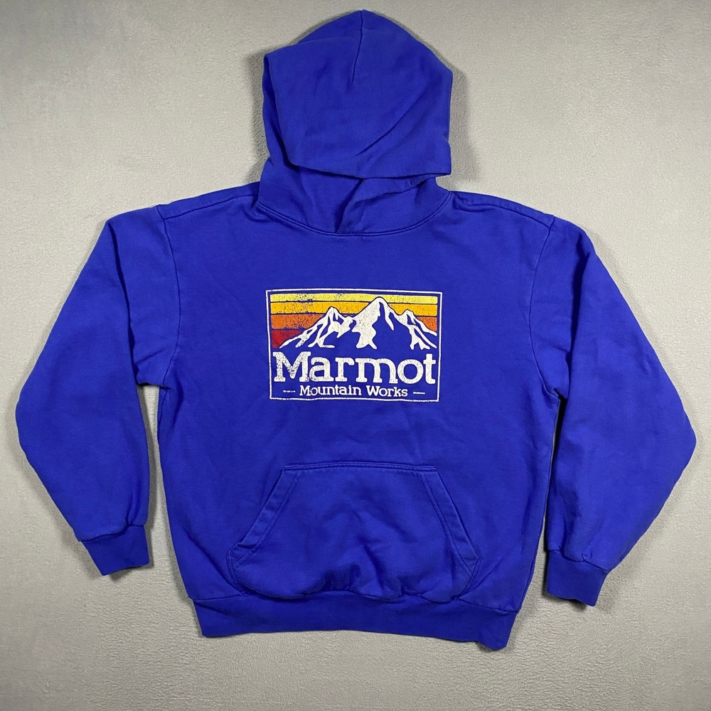 Marmot Hoodie Mens Medium Blue Mountain Works Graphic Pullover Sweatshirt